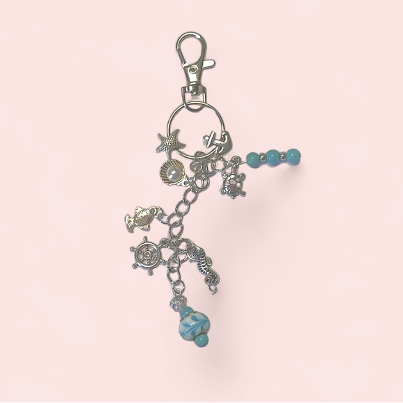 Hand Crafted Seaside Silver & Blue Beaded Keychain W/ Faux Pearl & Charms - Picture 4 of 5